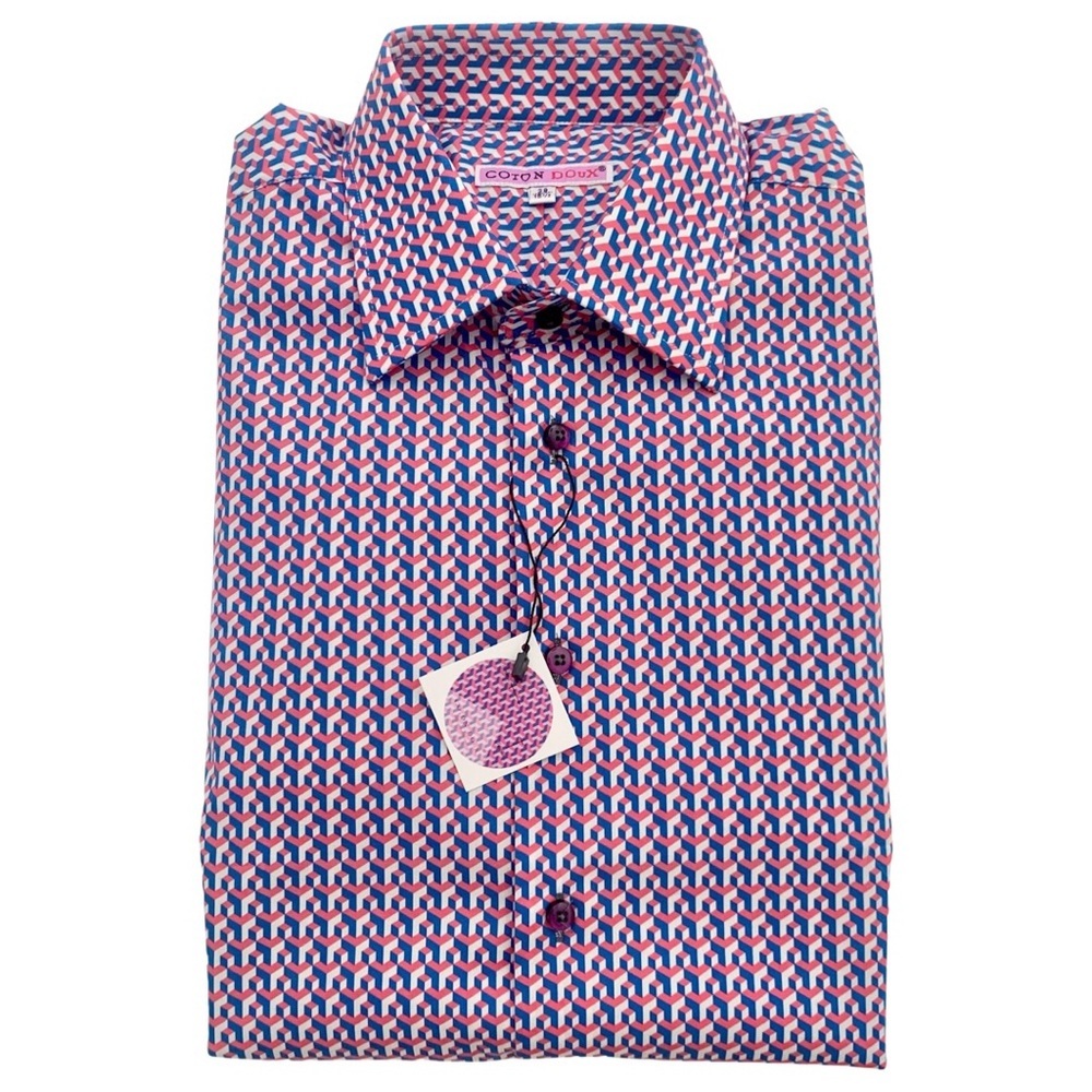 NWT COTON DOUX Paris Geo Print Button Front Shirt Cotton Poplin Pink Navy Blue - Picture 4 of 15